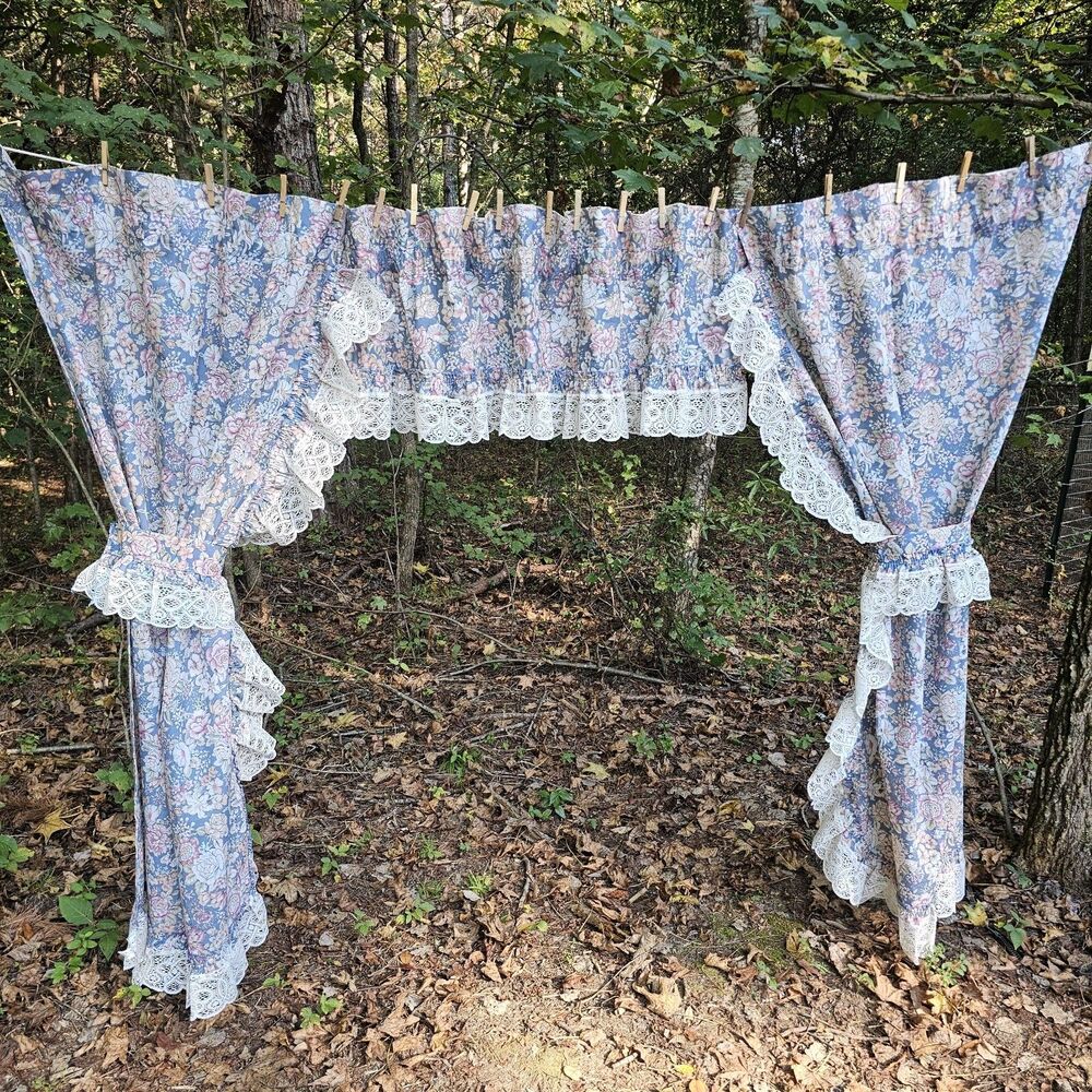 Vintage 1970s–80s Cottagecore Blue Floral Ruffled JCPenny Curtain Set 64" Long